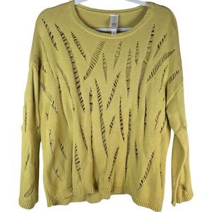 Wynne Layers Yellow Moving Pointelle Stitch Distressed Knit Crewneck Sweater L